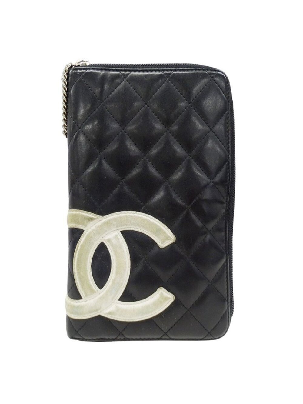 Chanel Wallet Cambon Lambskin Black Silver Zip Around Logo Quilted